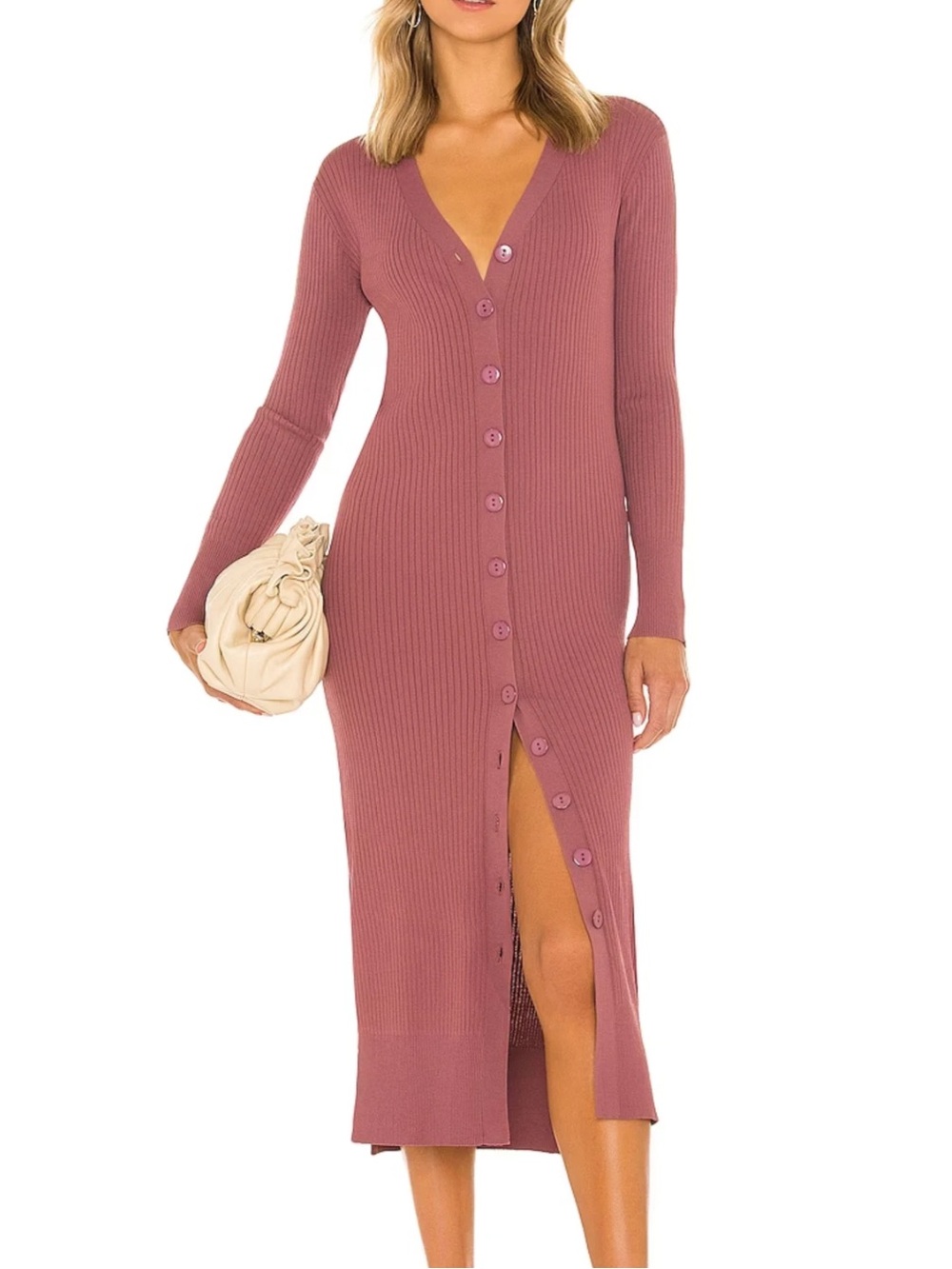 NWT Line & Dot Ribbed Button Front Midi Dress Mauve Long Sleeve